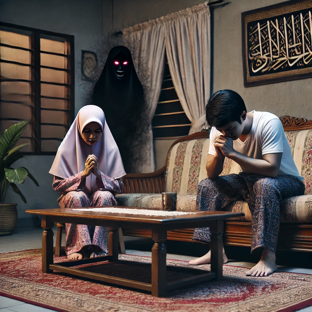 DALLE 20241215 131500 A realistic portrayal of a Malay couple in their living room visibly affected by black magic The woman sits on the sofa with her head bowed hands c JEJAK PANGLIMA