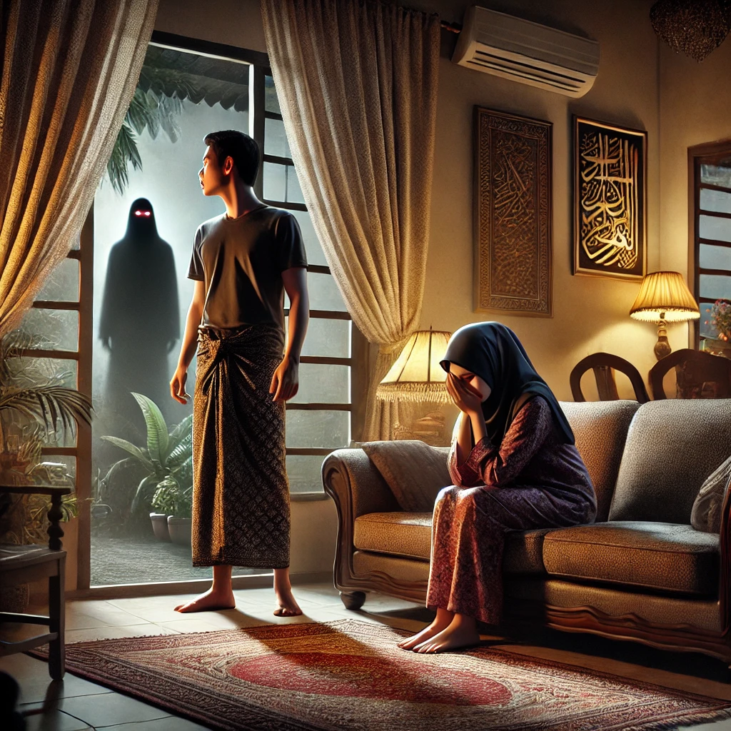 DALLE 20241215 131553 A realistic depiction of a Malay couple in a living room deeply affected by supernatural interference The man is standing near the window with a ten JEJAK PANGLIMA