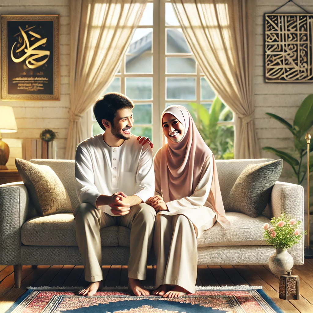DALLE 20241215 174004 A realistic depiction of a happy Malay couple sitting together on a sofa in a bright and harmonious living room The man and woman are smiling warmly JEJAK PANGLIMA