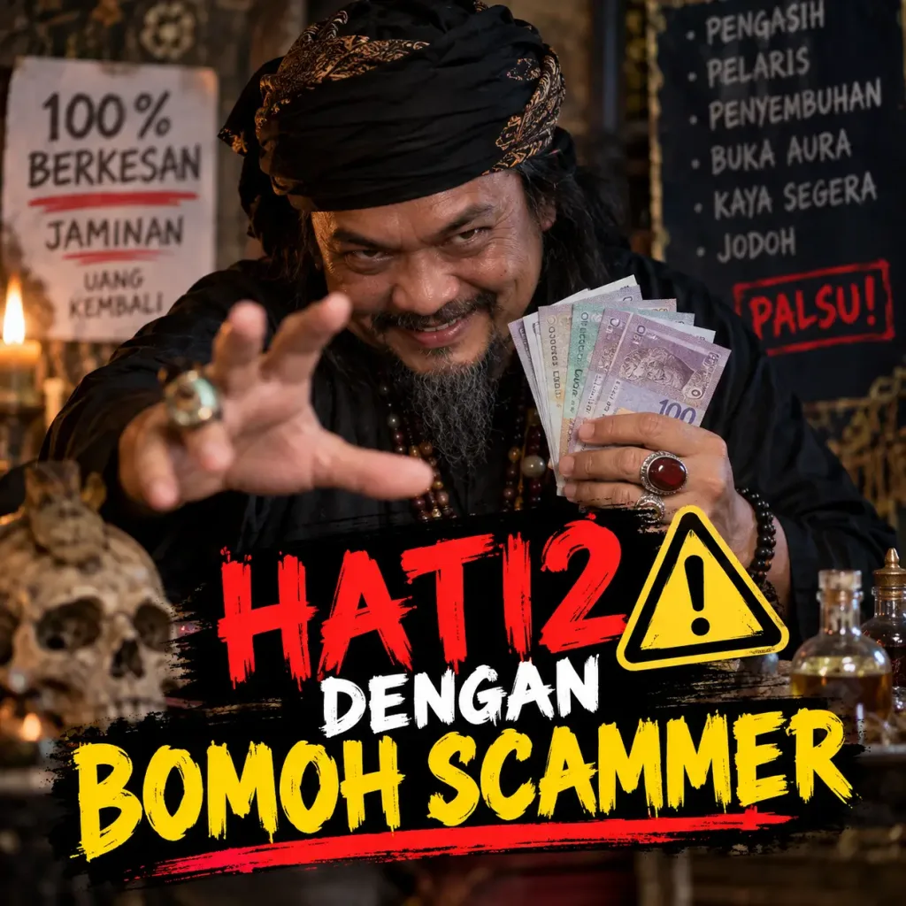 A man in a turban holds cash and reaches toward the camera, with bold warning text about scammer in Indonesian.